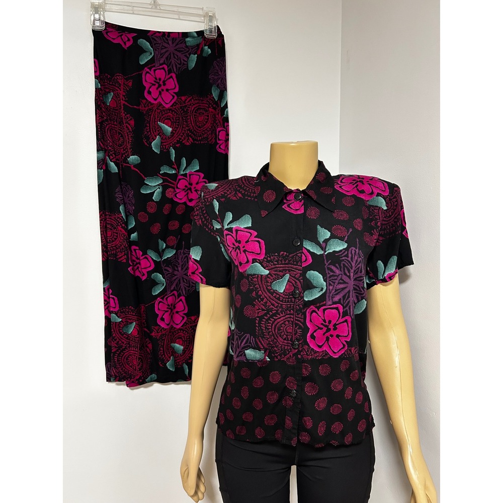 California Krush Womens Floral Mandala 2 Piece Set Black Magenta Rayon Small